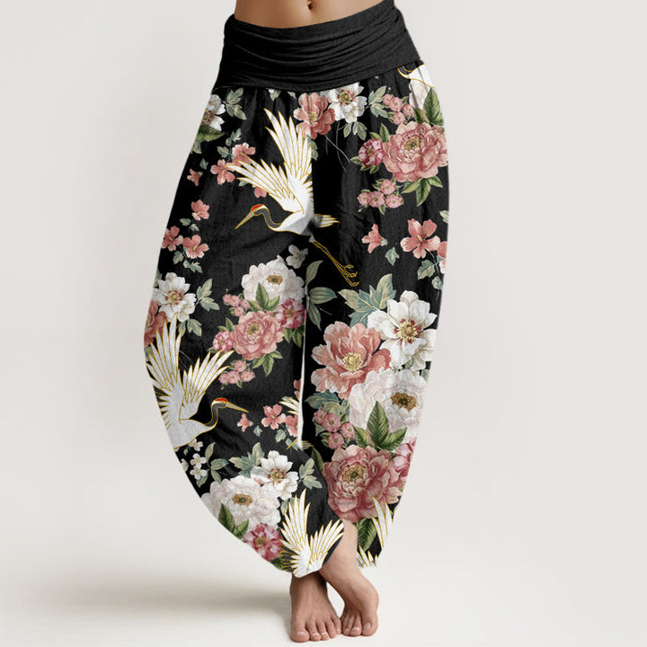 Buddha Stones Casual Cranes Blooming Peony Pattern Women's Elastic Waist Harem Pants - Black - US22,UK/AU26,EU54 (6XL) - image 0