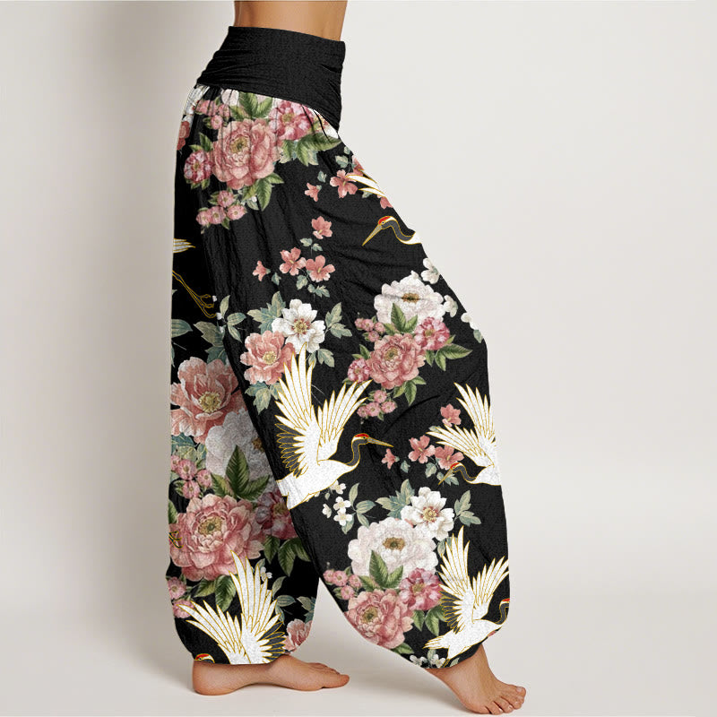 Buddha Stones Casual Cranes Blooming Peony Pattern Women's Elastic Waist Harem Pants - image 1