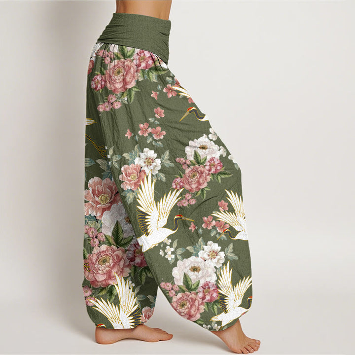 Buddha Stones Casual Cranes Blooming Peony Pattern Women's Elastic Waist Harem Pants - image 8
