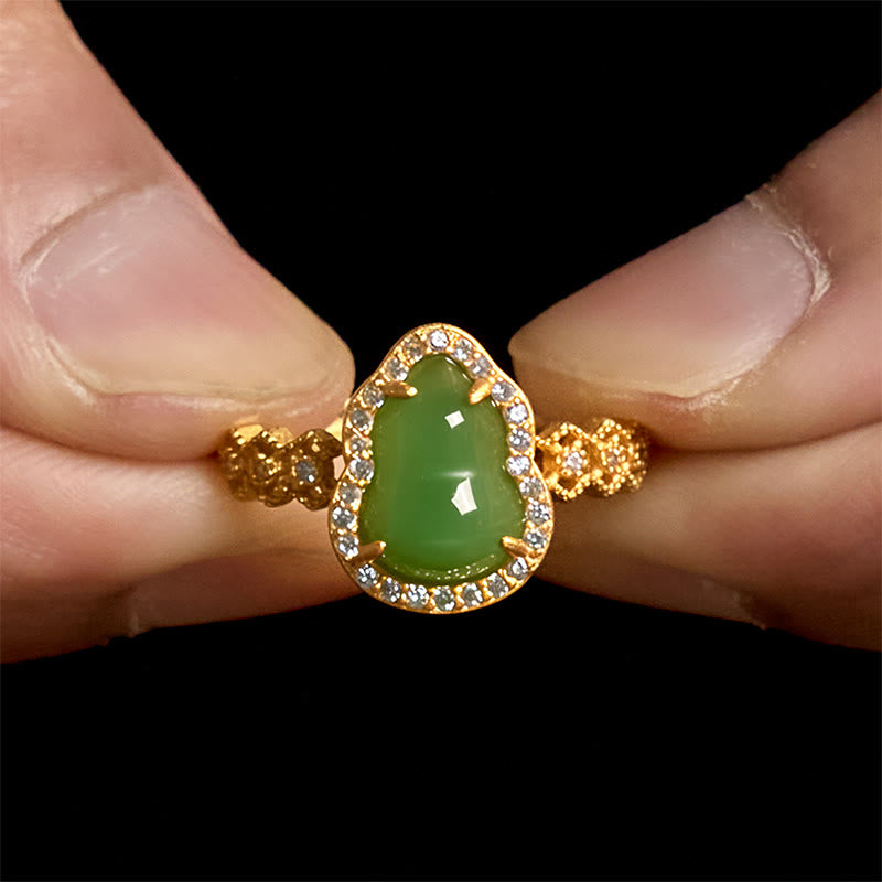 Buddha Stones Vintage Gourd Green Chalcedony Copper Plated Gold Adjustable Wealth Ring - image 7