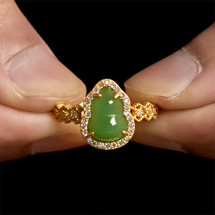 Buddha Stones Vintage Gourd Green Chalcedony Copper Plated Gold Adjustable Wealth Ring - image 7