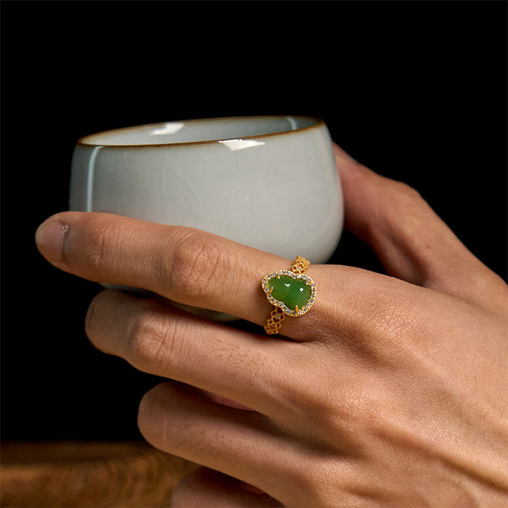 Buddha Stones Vintage Gourd Green Chalcedony Copper Plated Gold Adjustable Wealth Ring - image 11