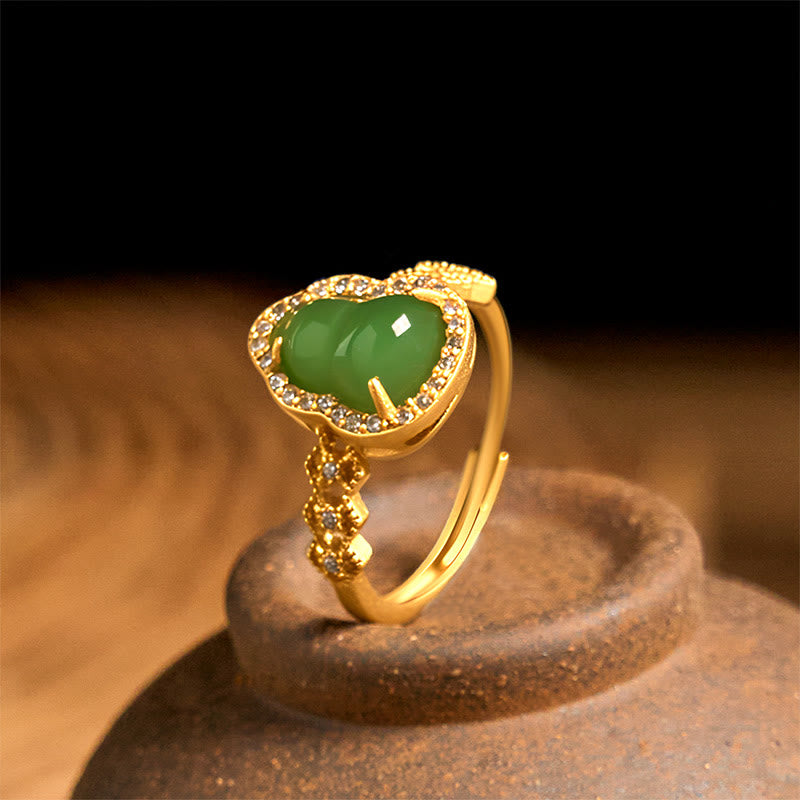 Buddha Stones Vintage Gourd Green Chalcedony Copper Plated Gold Adjustable Wealth Ring - image 1