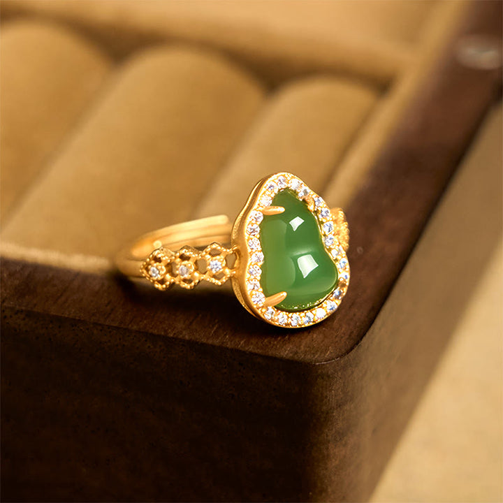 Buddha Stones Vintage Gourd Green Chalcedony Copper Plated Gold Adjustable Wealth Ring - image 3