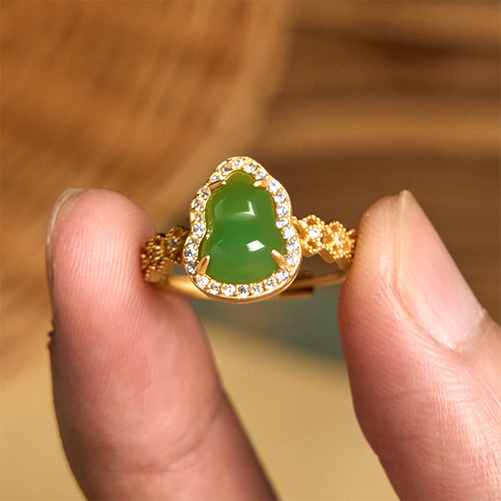 Buddha Stones Vintage Gourd Green Chalcedony Copper Plated Gold Adjustable Wealth Ring - image 9