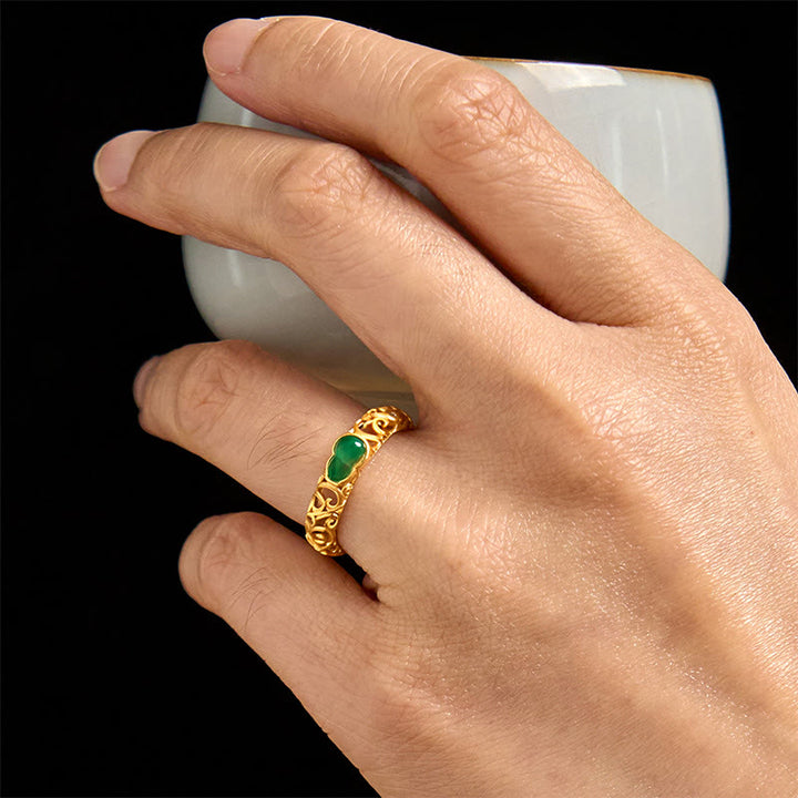 Buddha Stones Vintage Gourd Green Chalcedony Copper Alloy Wealth Ring - image 15