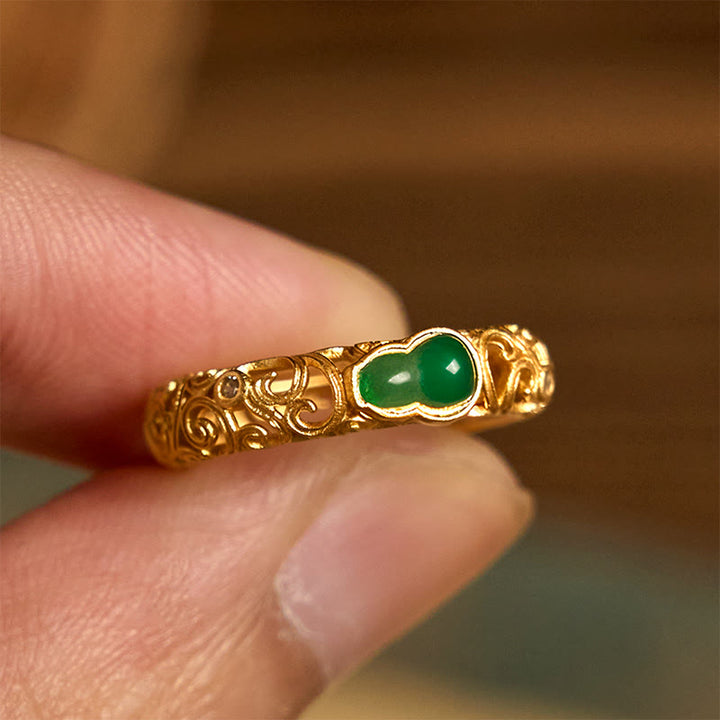 Buddha Stones Vintage Gourd Green Chalcedony Copper Alloy Wealth Ring - image 8