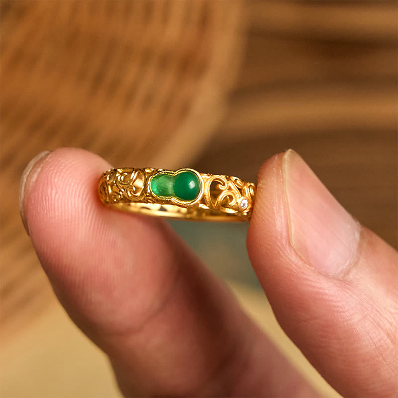 Buddha Stones Vintage Gourd Green Chalcedony Copper Alloy Wealth Ring - image 9