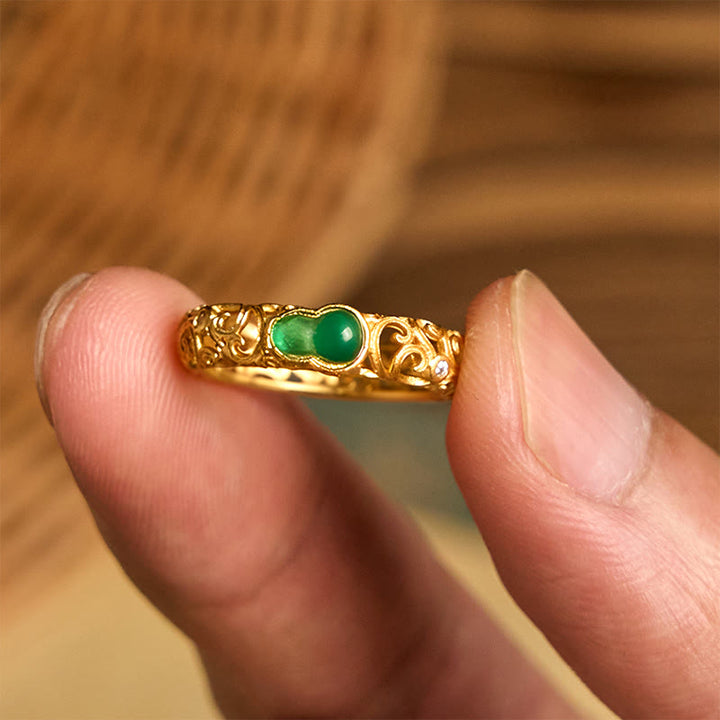 Buddha Stones Vintage Gourd Green Chalcedony Copper Alloy Wealth Ring - image 9