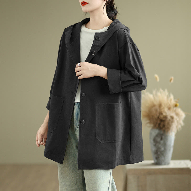 Buddha Stones Fall Vintage Hoodie Women's Cotton Linen Jacket With Front Pockets - Black - US12,UK/AU16,EU44 (XL) - image 16