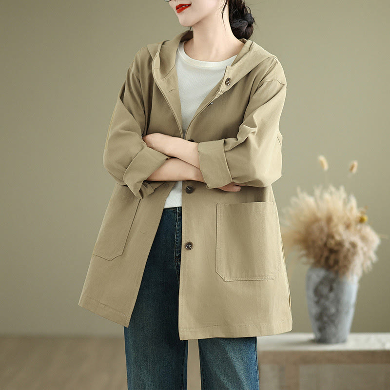 Buddha Stones Fall Vintage Hoodie Women's Cotton Linen Jacket With Front Pockets - PaleGoldenrod - US12,UK/AU16,EU44 (XL) - image 6