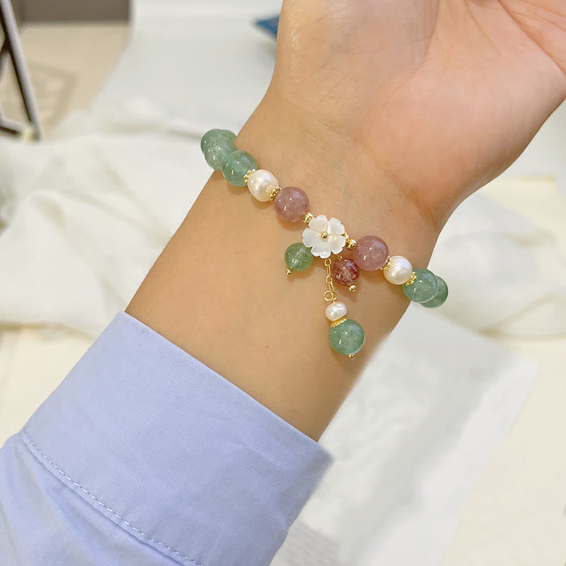 Buddha Stones Green Strawberry Quartz Shell Peach Blossom Soothing Bracelet - image 3
