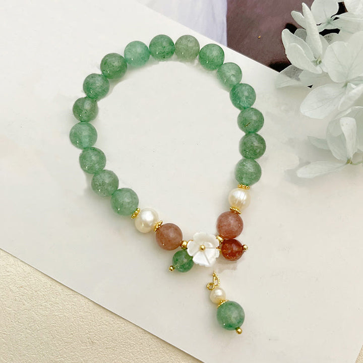 Buddha Stones Green Strawberry Quartz Shell Peach Blossom Soothing Bracelet - image 4