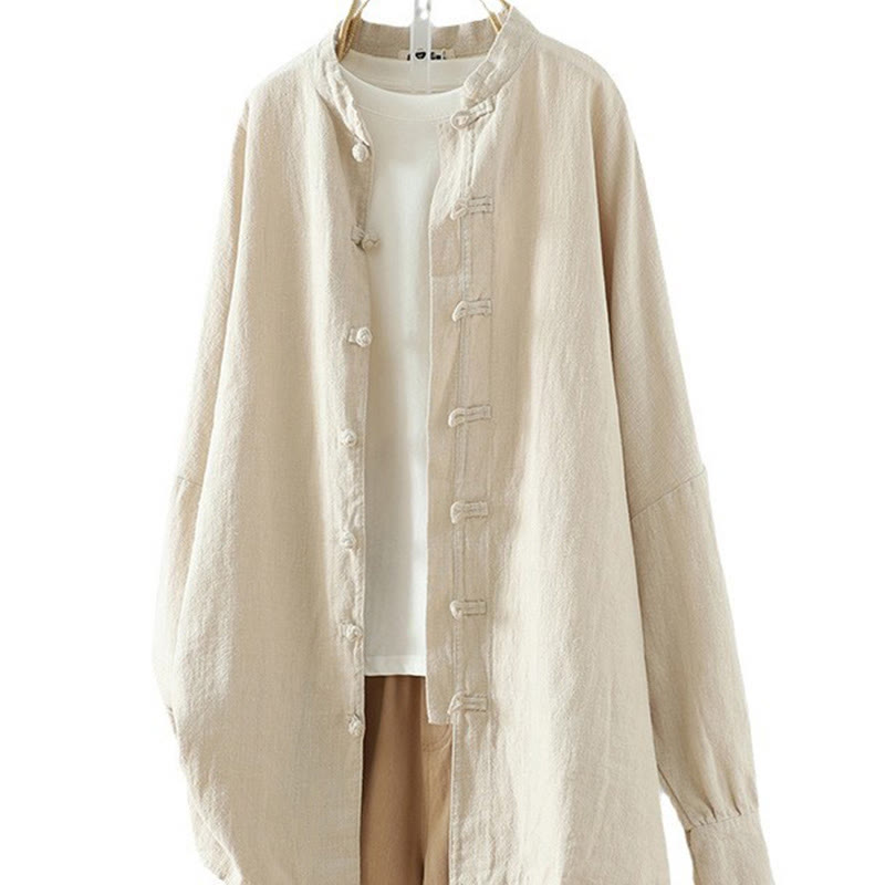 Buddha Stones Women's Solid Color Simple Chinese Frog-Button Design Cotton Linen Shirt - image 10