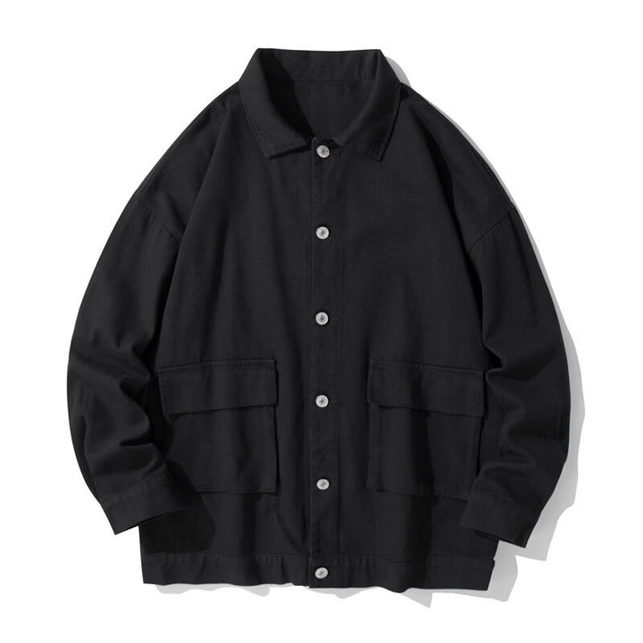 Buddha Stones Long Sleeve Button Stand Collar Design Men's Cotton Jacket Shirt With Pockets - Black - US/UK/AU50,EU60 (5XL) - image 0