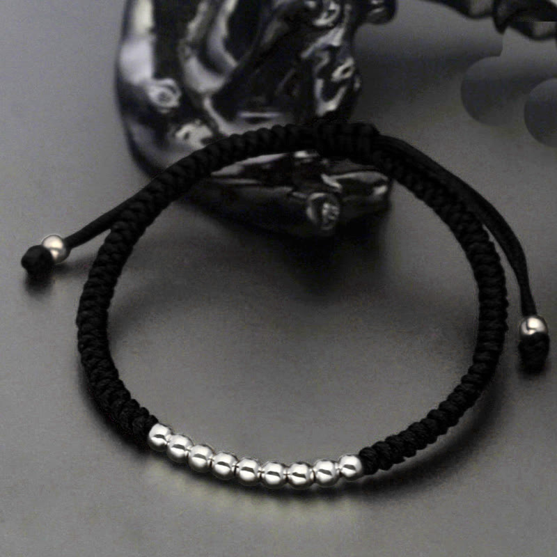 Buddha Stones Retro 925 Sterling Silver Simple Beads Knot Design Luck String Bracelet - 925 Sterling Silver(Wrist Circumference: 15-22cm) - Black - image 1