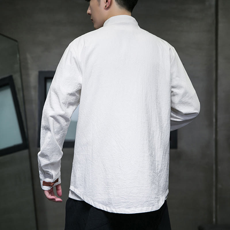 Buddha Stones Men's Stand Collar Frog-button Cotton Linen Long Sleeve Shirt With Pockets - image 3