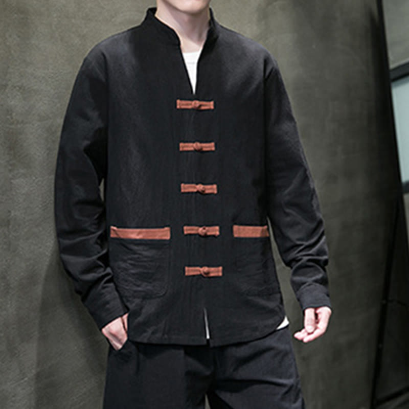 Buddha Stones Men's Stand Collar Frog-button Cotton Linen Long Sleeve Shirt With Pockets - image 12