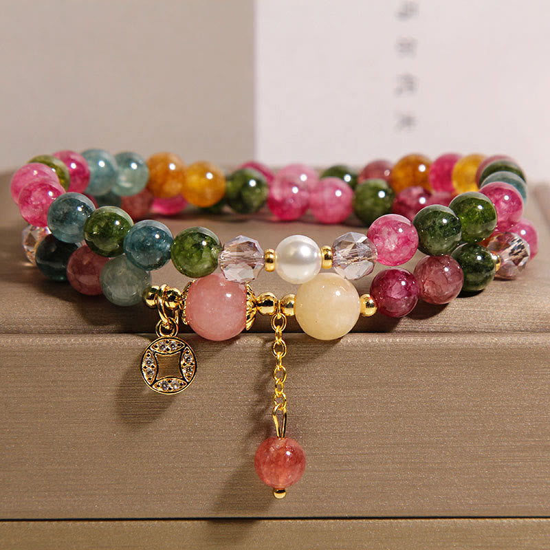 Buddha Stones Tourmaline Purple Jade Aquamarine Jade Copper Coin Positive Double Wrap Bracelet - Tourmaline(Wrist Circumference: 14-15cm) - image 0