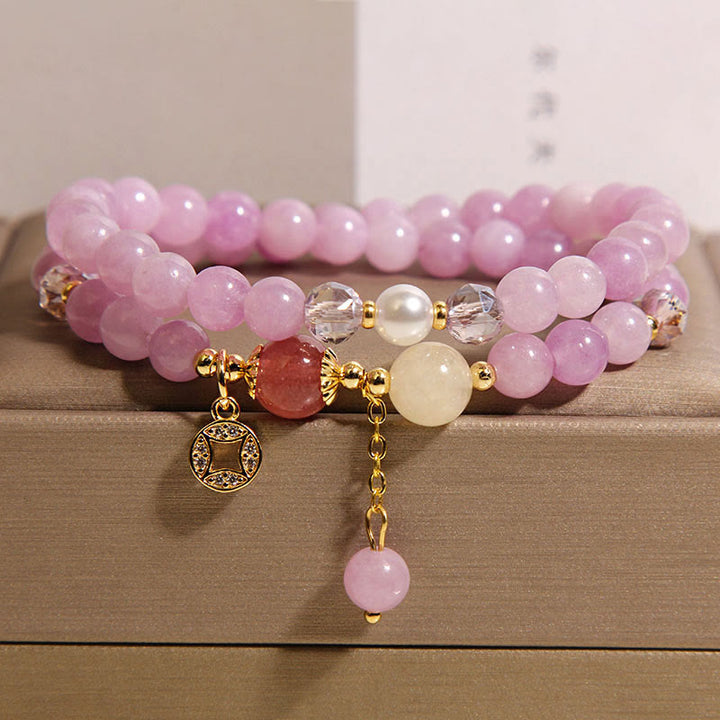 Buddha Stones Tourmaline Purple Jade Aquamarine Jade Copper Coin Positive Double Wrap Bracelet - Purple Jade(Wrist Circumference: 14-15cm) - image 4