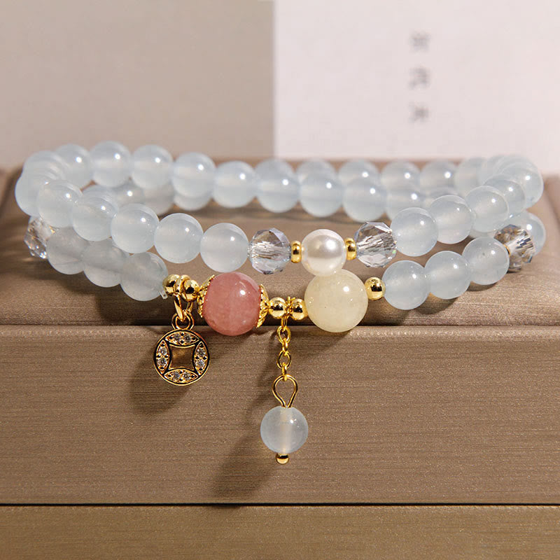 Buddha Stones Tourmaline Purple Jade Aquamarine Jade Copper Coin Positive Double Wrap Bracelet - Aquamarine(Wrist Circumference: 14-15cm) - image 6