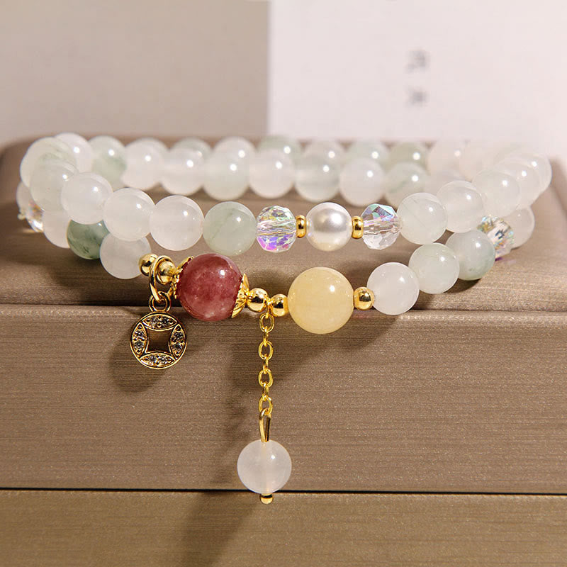 Buddha Stones Tourmaline Purple Jade Aquamarine Jade Copper Coin Positive Double Wrap Bracelet - Jade(Wrist Circumference: 14-15cm) - image 8