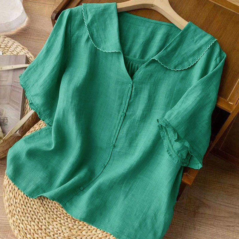 Buddha Stones Casual Plain Button Half Sleeve Middy Collar Women's Shirt - image 1