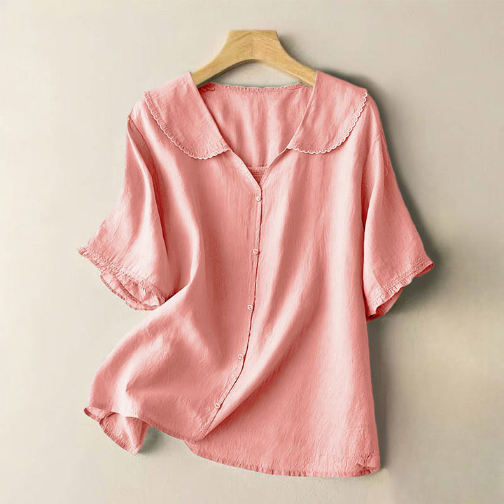 Buddha Stones Casual Plain Button Half Sleeve Middy Collar Women's Shirt - LightPink - US12,UK/AU16,EU44 (2XL) - image 22