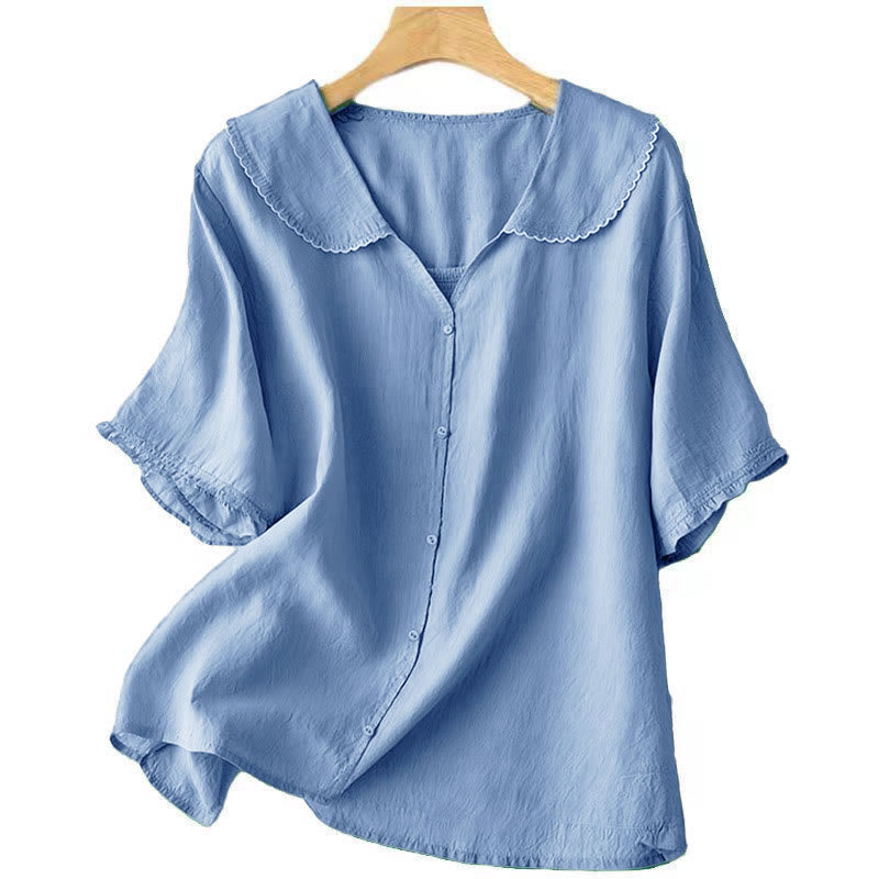 Buddha Stones Casual Plain Button Half Sleeve Middy Collar Women's Shirt - image 16