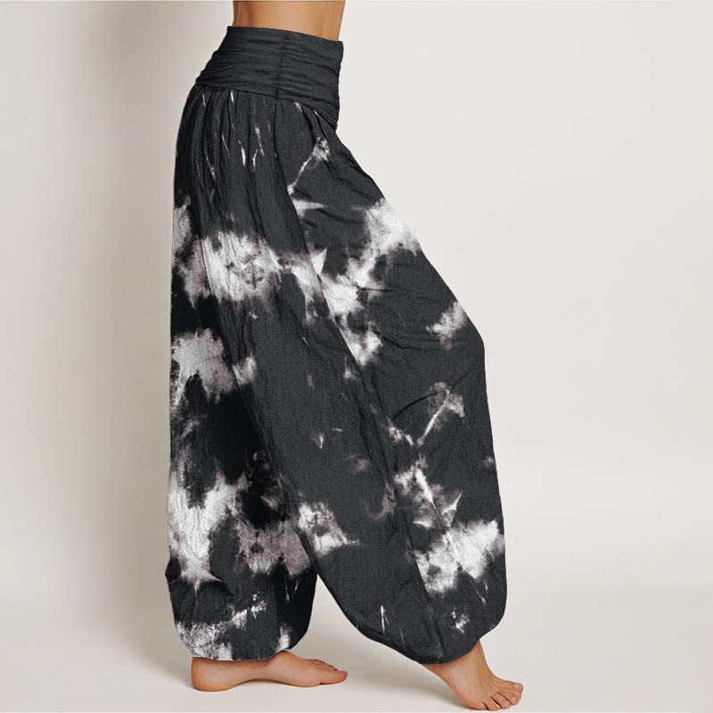 Buddha Stones Pure Cotton White Lines Spots Tie-Dye Pattern Women's Elastic Waist Harem Pants - image 1