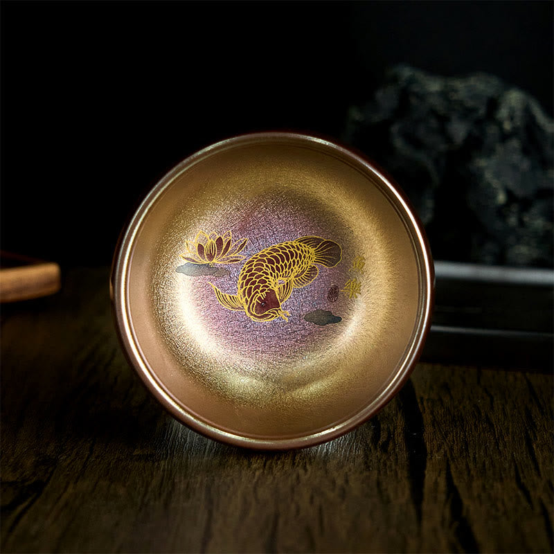 Buddha Stones Handmade Chinese Jianzhan Koi Fish Lotus Leaf Ceramic Teacup Kung Fu Tea Cup 150ml - Gold Koi Fish 8.8cm*5.5cm*150ml - Without Gift Box - image 0