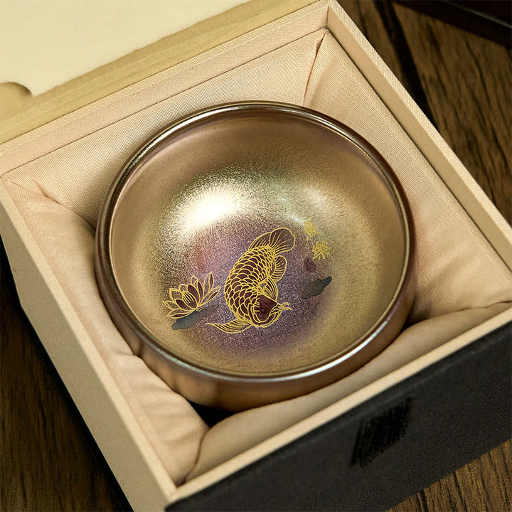 Buddha Stones Handmade Chinese Jianzhan Koi Fish Lotus Leaf Ceramic Teacup Kung Fu Tea Cup 150ml - Gold Koi Fish 8.8cm*5.5cm*150ml - Gift Box - image 4