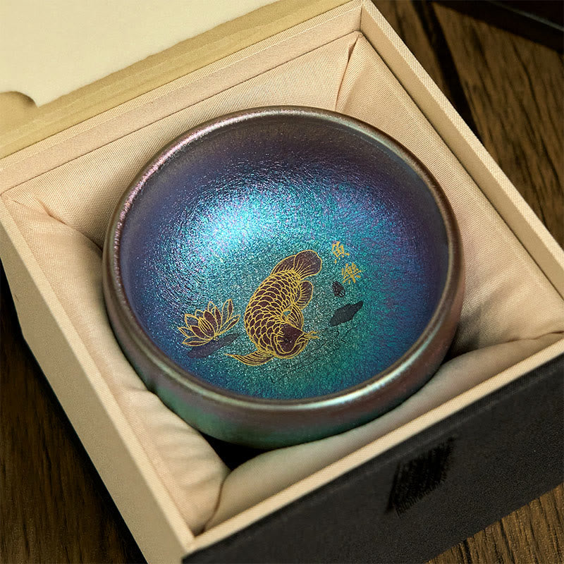 Buddha Stones Handmade Chinese Jianzhan Koi Fish Lotus Leaf Ceramic Teacup Kung Fu Tea Cup 150ml - Blue Gold Koi Fish 8.8cm*5.5cm*150ml - Gift Box - image 14