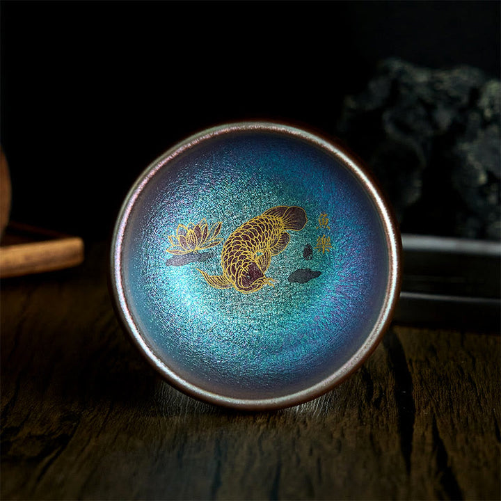 Buddha Stones Handmade Chinese Jianzhan Koi Fish Lotus Leaf Ceramic Teacup Kung Fu Tea Cup 150ml - Blue Gold Koi Fish 8.8cm*5.5cm*150ml - Without Gift Box - image 10