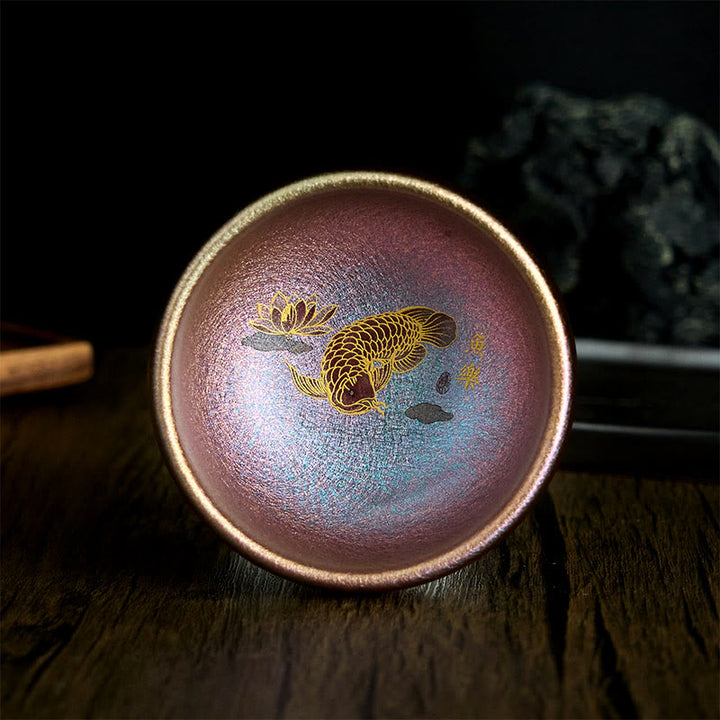 Buddha Stones Handmade Chinese Jianzhan Koi Fish Lotus Leaf Ceramic Teacup Kung Fu Tea Cup 150ml - Purple Gold Koi Fish 8.8cm*5.5cm*150ml - Without Gift Box - image 19