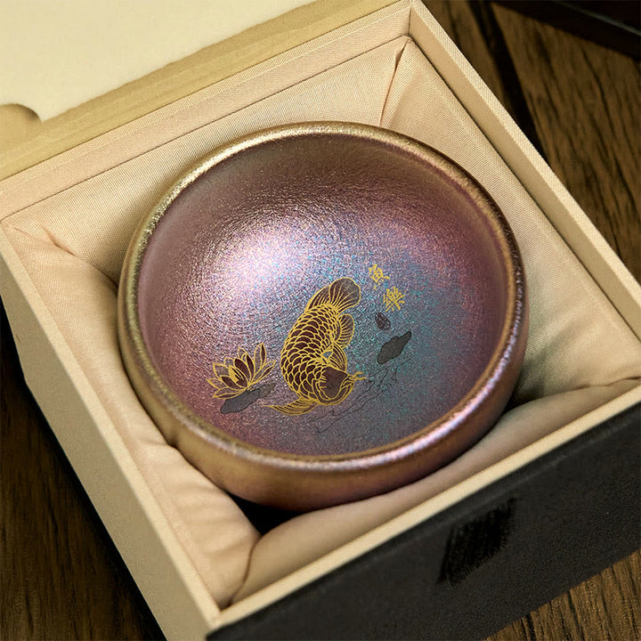 Buddha Stones Handmade Chinese Jianzhan Koi Fish Lotus Leaf Ceramic Teacup Kung Fu Tea Cup 150ml - Purple Gold Koi Fish 8.8cm*5.5cm*150ml - Gift Box - image 23