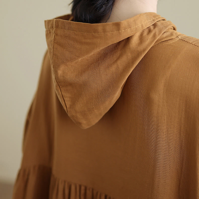 Buddha Stones Fall Hoodie Design Long Sleeve Cotton Linen Midi Dress With Pockets - image 7