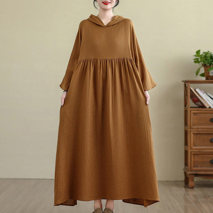 Buddha Stones Fall Hoodie Design Long Sleeve Cotton Linen Midi Dress With Pockets - image 5