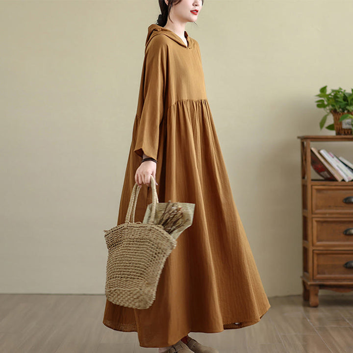 Buddha Stones Fall Hoodie Design Long Sleeve Cotton Linen Midi Dress With Pockets - image 6