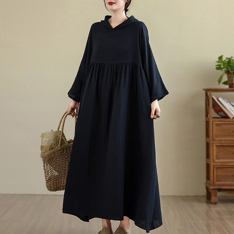 Buddha Stones Fall Hoodie Design Long Sleeve Cotton Linen Midi Dress With Pockets - image 13