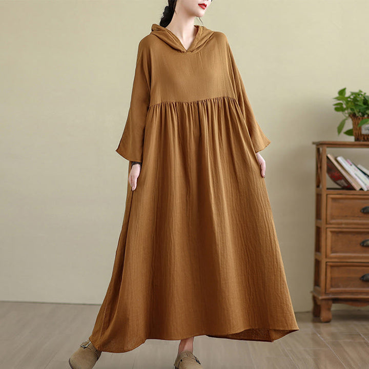 Buddha Stones Fall Hoodie Design Long Sleeve Cotton Linen Midi Dress With Pockets - DarkGoldenrod - US4-8/10,UK/AU8-12/14,EU36-40/42(F) - image 0