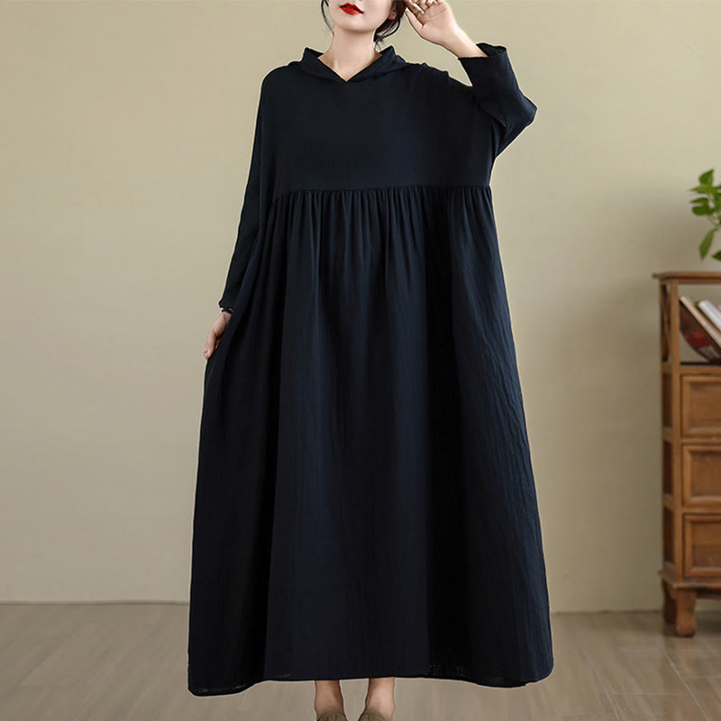 Buddha Stones Fall Hoodie Design Long Sleeve Cotton Linen Midi Dress With Pockets - Black - US4-8/10,UK/AU8-12/14,EU36-40/42(F) - image 11