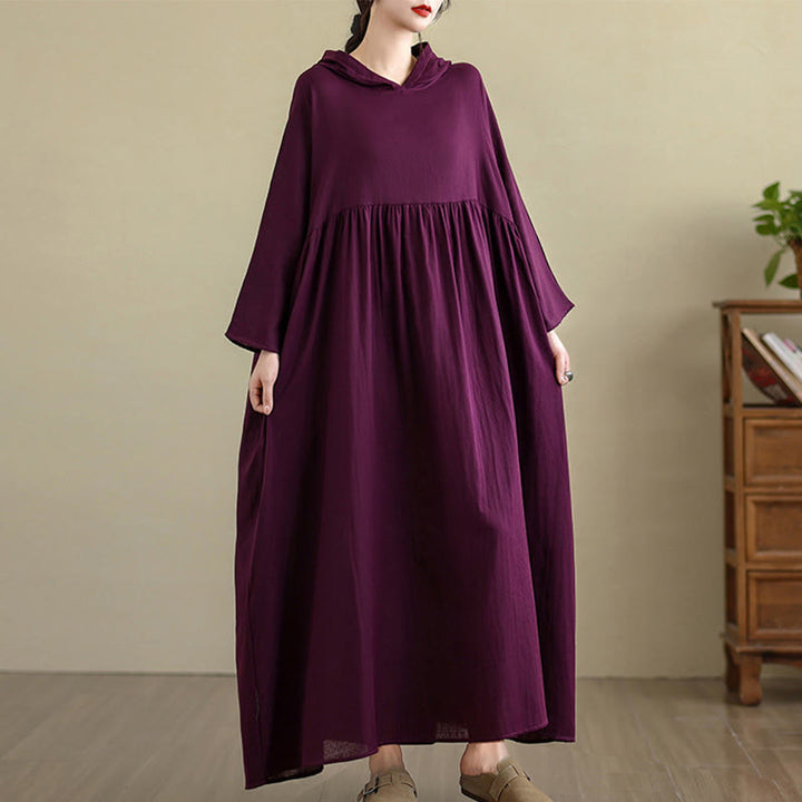 Buddha Stones Fall Hoodie Design Long Sleeve Cotton Linen Midi Dress With Pockets - image 19