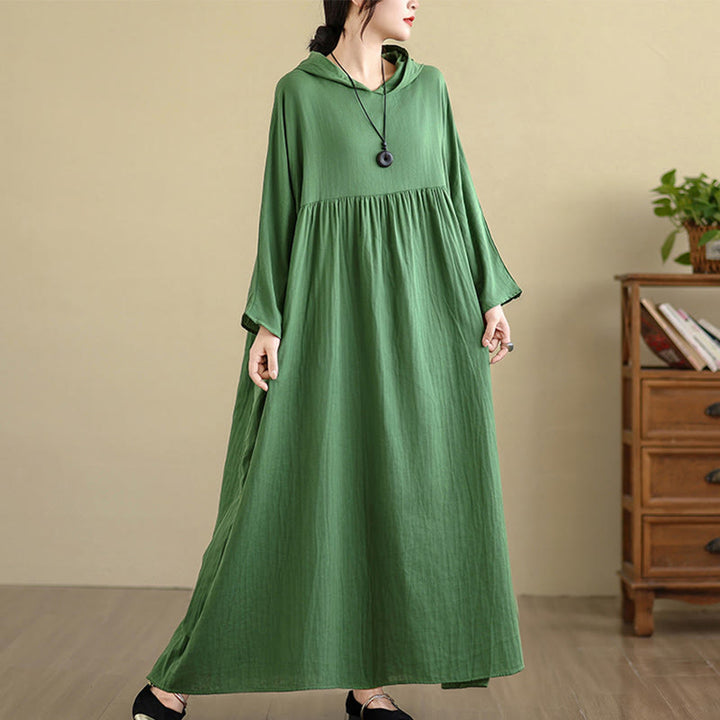 Buddha Stones Fall Hoodie Design Long Sleeve Cotton Linen Midi Dress With Pockets - image 24