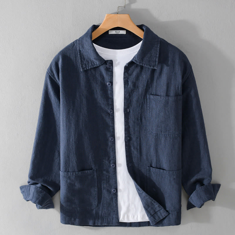 Buddha Stones Commute Men's Plain Buttons Design Cotton Linen Long Sleeve Shirt With Pockets - DarkBlue - US/UK/AU42,EU52 (3XL) - image 12