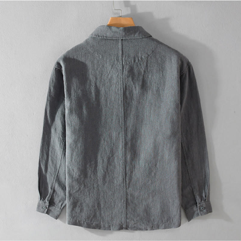 Buddha Stones Commute Men's Plain Buttons Design Cotton Linen Long Sleeve Shirt With Pockets - image 10