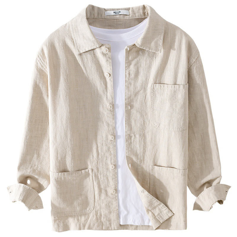 Buddha Stones Commute Men's Plain Buttons Design Cotton Linen Long Sleeve Shirt With Pockets - image 8