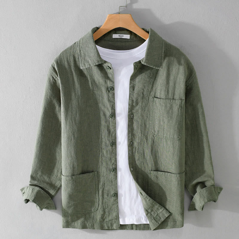 Buddha Stones Commute Men's Plain Buttons Design Cotton Linen Long Sleeve Shirt With Pockets - MediumSeaGreen - US/UK/AU42,EU52 (3XL) - image 0