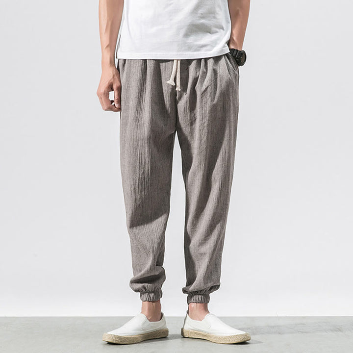 Buddha Stones Simple Drawstring Design Linen Men's Pants With Pockets - image 1