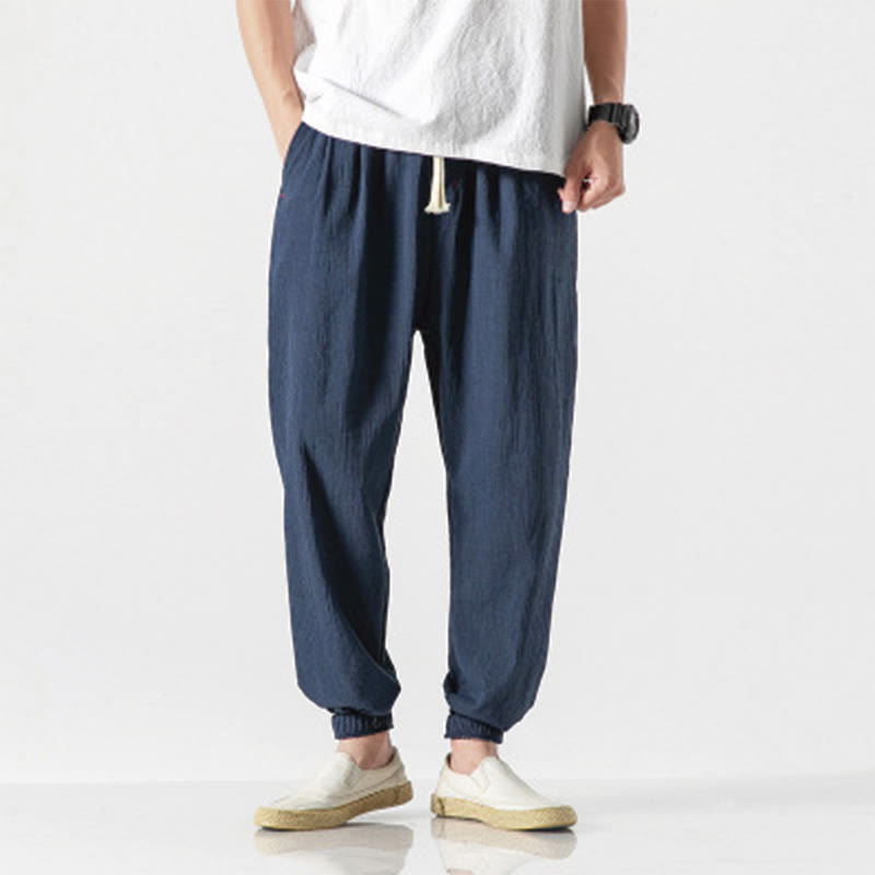 Buddha Stones Simple Drawstring Design Linen Men's Pants With Pockets - Navy Blue - US/UK/AU46,EU56 (5XL) - image 14